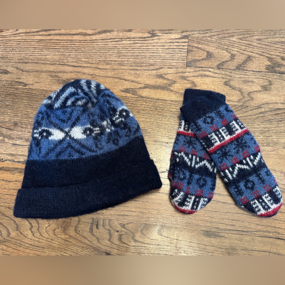 Cozy Wool Knit Hat and Mittens Set - Blue and Red
